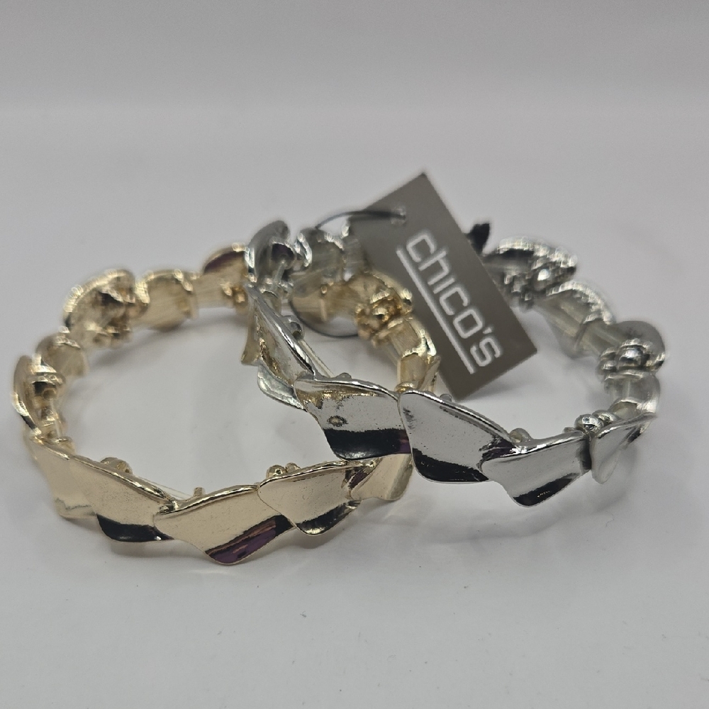 NWT Chico's Twisted Tears Two-Tone Gold and Silver Stretch Bracelet Duo